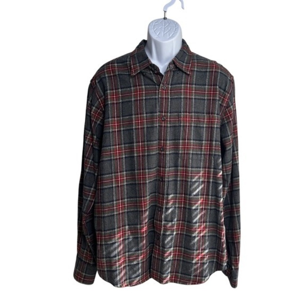 Eddie Bauer Flannel Men XL Gray Red Excellent Plaid Button Down